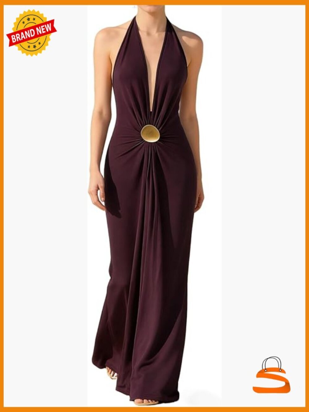 Deep V Neck Halter Maxi Dress Backless Bodycon Wedding Guest
